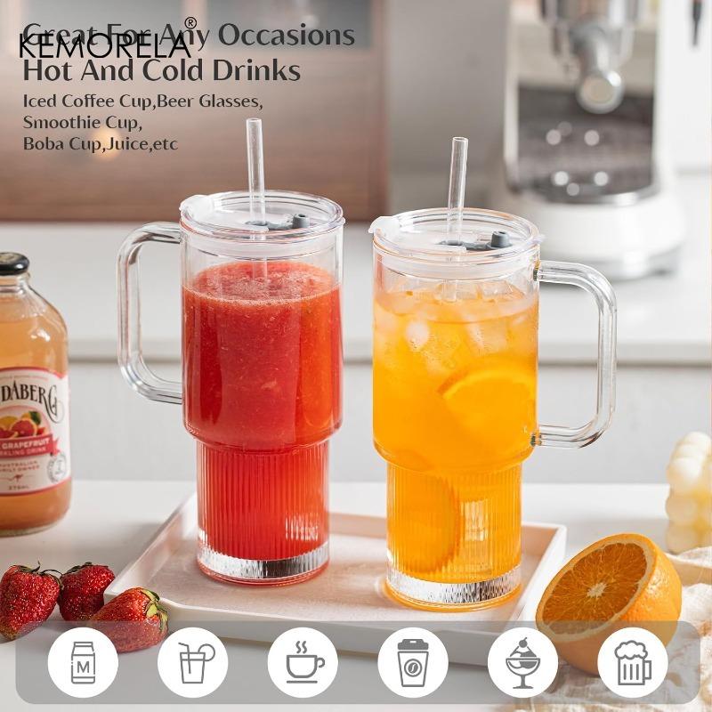 750ML Glasbecher mit Henkel & Deckel 1/2 Stück Große Eiskaffeebecher mit Strohhalmen Moderne Glasbecher für Kalt- & Heißgetränke Saft