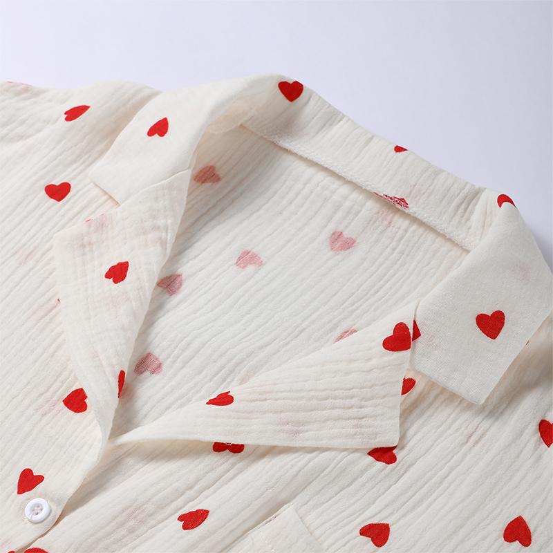 Baumwolle Pyjamas mit Liebesdruck für Damen, einreihig, mit Tasche, Neu in der Damennachtwäsche 2025, Frühling/Herbst, Revers, lange Ärmel, Damenkleidung