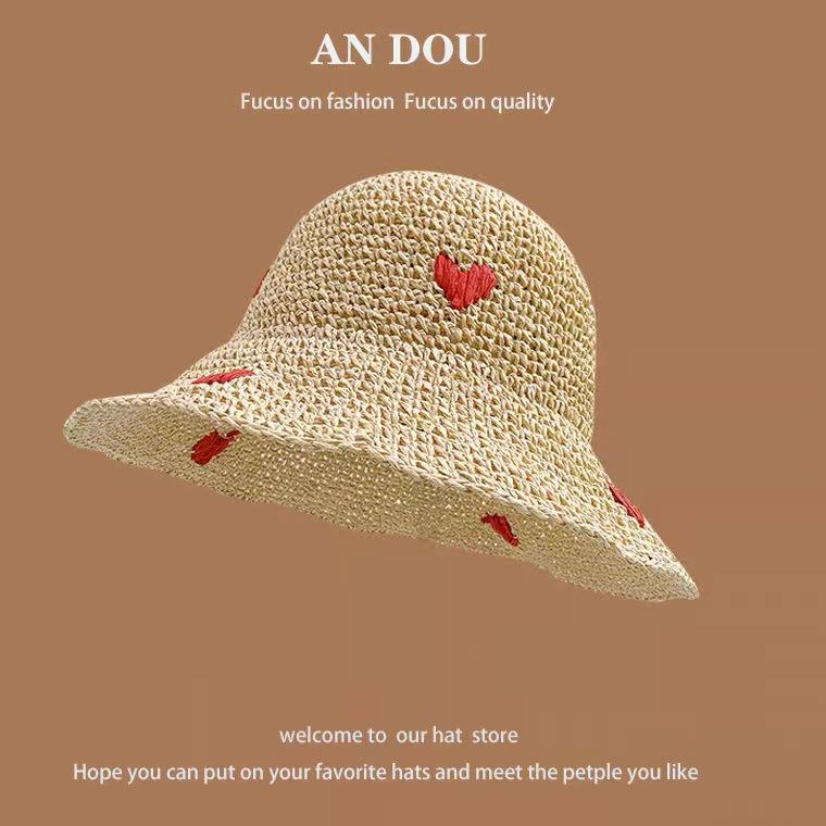 Wave edge big eaves straw woven fisherman hat children summer woven love straw hat beach breathable sunshade sun protection basin hat