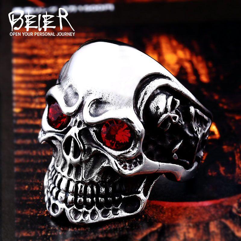 Beier new store 316L Stainless Steel ring top quality Big Tripple Skull Ring Punk Biker jewelry
