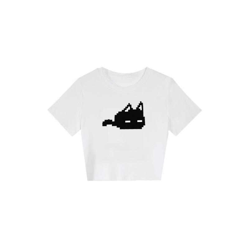 White round neck short slim short-sleeved T-shirt women s summer new pixel cat design niche sweet Spice Girl top S белый