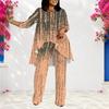 Women Plus Size Blue White Pink Printed Round Neck Long Sleeve Layered Two Piece Pants Set