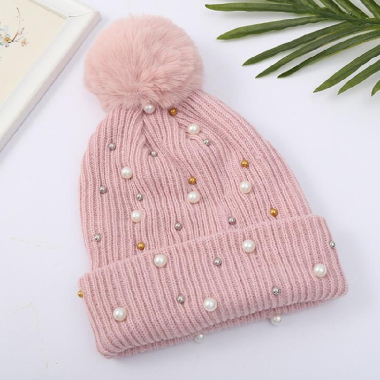 Solid Color Pearl Pompom Wool Hat Knitted Hat Beanie Hat Thicken Stretchable