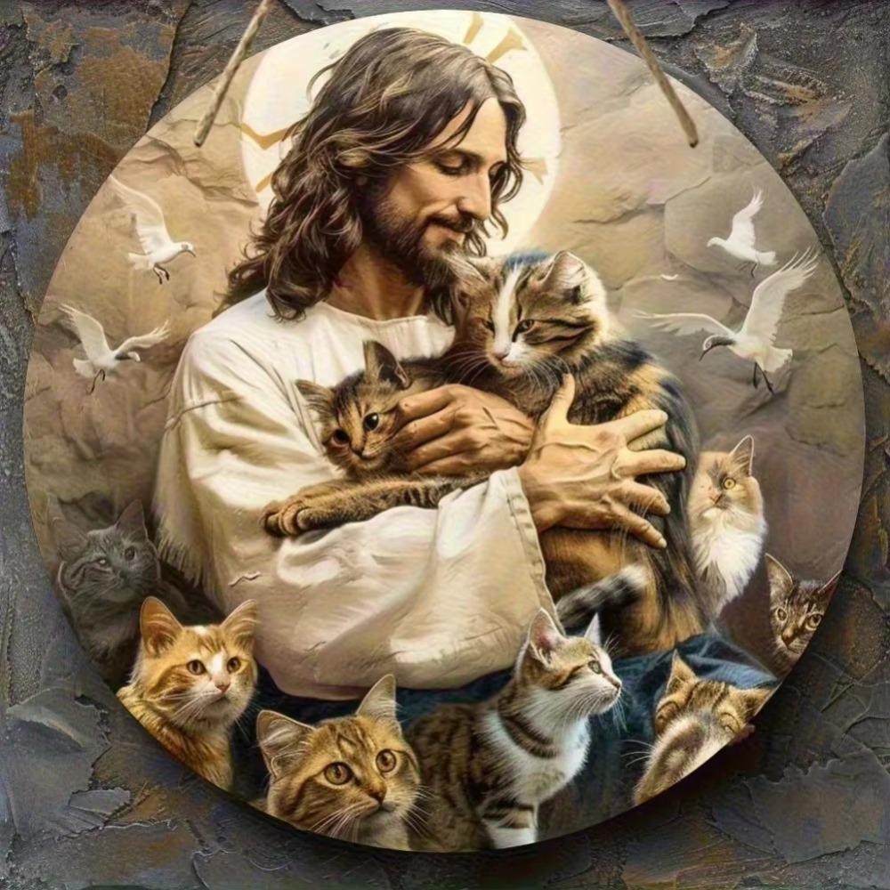 Religious Metal Tin Sign Jesus and Cat Vintage Wall Decor for Home Kitchen Bar Cafe