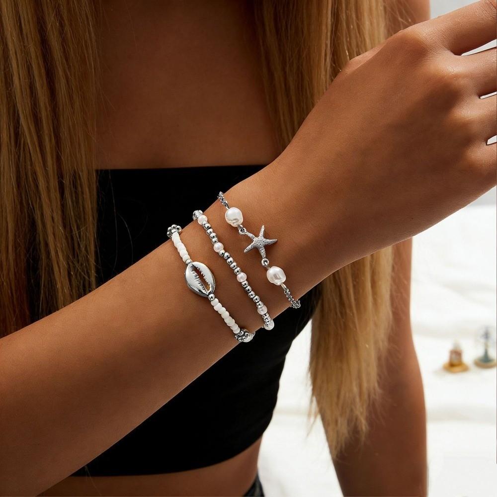 3Pcs Stretch Beaded Bracelet Set Pearl Multiple Layers Bracelet Fashion Shell Bracelet Set Party