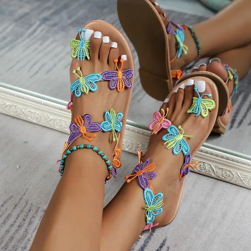 2025 Summer Women Sandals Sweet Boho Bow Decoration Sandals Leather Flat Sandals Plus Size Women Beach Holiday Shoes Zapatos