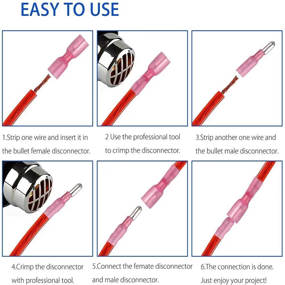 100PCS Heat Shrink Bullet Connectors, Heat Shrink Female & Male Connectors Bullet Terminals, Insulated Waterproof Marine Crimp