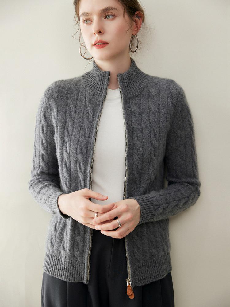 Women's Luxury Heavy-Duty Cable Knit Cashmere Cardigan, High Neck, Double Zipper, Loose Fit, Slimming, Thick Sweater Coat