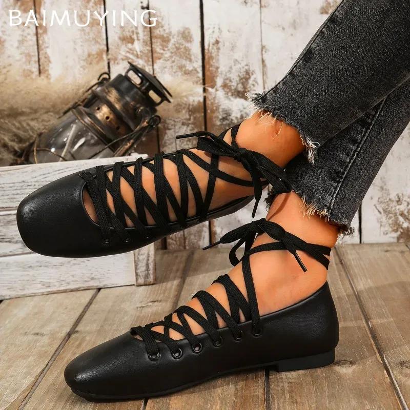 Women Ballet Flats Shoes Square Toe Lace-up Loafers Shoes Woman 2025 Trend Winter Designer Elegant Office Shoes Casual Sneakers