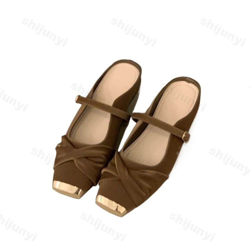 Fashion Elegant Square Head Flat Half Slippers for Women 2025 Spring Soft Sole Comfortable Mary Jane Shoes Shallow Mouth Fashion Sandals