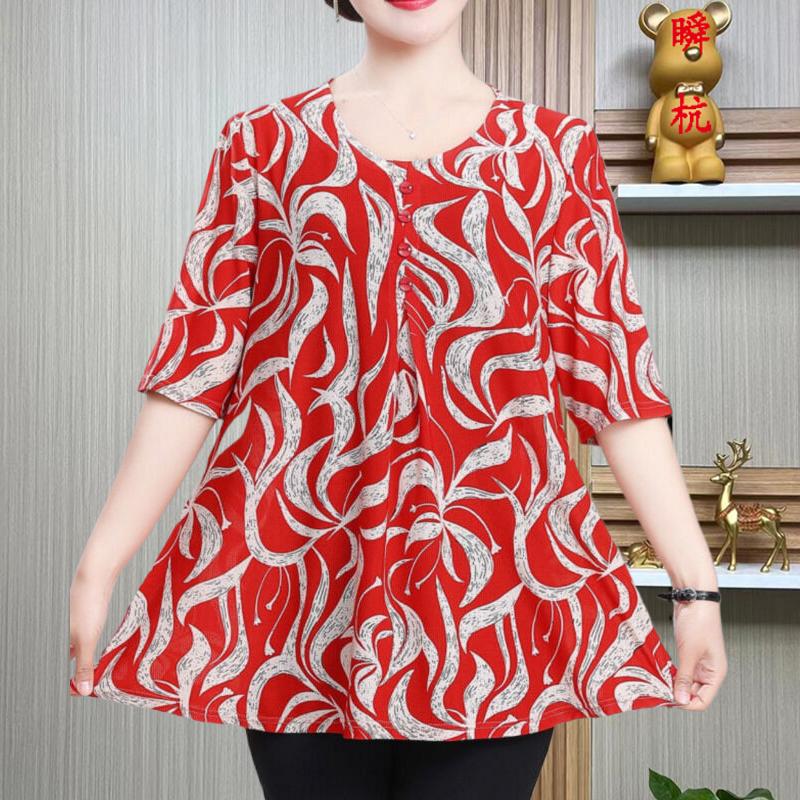 Summer Half Sleeve Blouse Stylish Vintage Printed Women's Clothing Casual Round Neck Button Folds Commute Spliced Loose Shirt