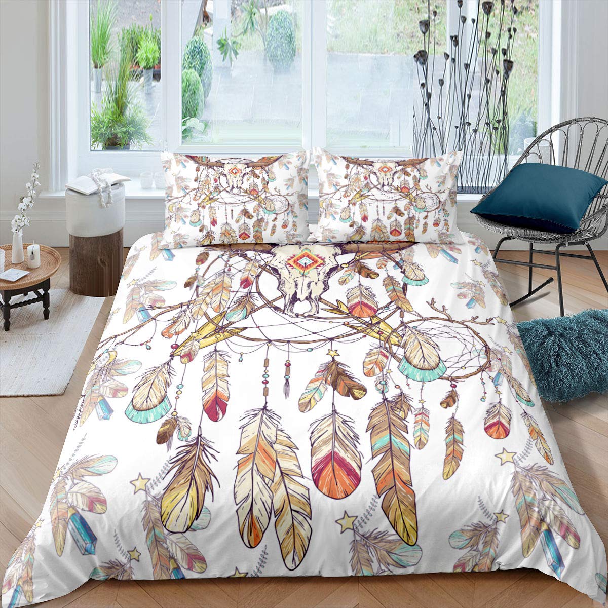 

Комплект постельного белья с изображением черепа быка, комплект постельного белья в стиле бохо-шик с перьями, экзотические ветки и цветы для подростков, микрофибра, королевское одеяло EU single(135x200cm)