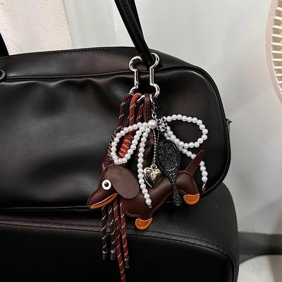 Vintage Maillard Color Cute Sausage Dog Bag Pendant Bow Handbag Premium Accessories Backpack Hanging Rope
