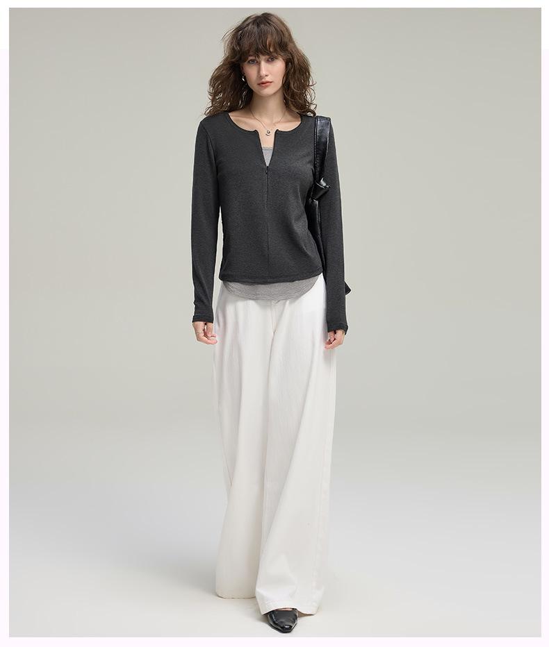 Women's Half-Zip Two-Piece Design Long-Sleeve T-Shirt – Autumn 2025 Collection, Soft & Slim Fit