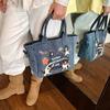 2025 New Trendy Cartoon Cat Print Denim Bucket Bag Versatile Casual Commuter Large Capacity Crossbody Shoulder Bag for Women