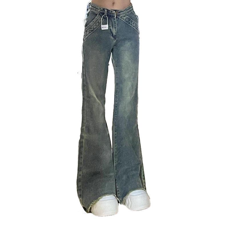 Damskie dżinsy rozszerzane w stylu koreańskim z nutą nostalgii 2025 - Modne dżinsy denimowe do ziemi z mikro rozszerzeniem