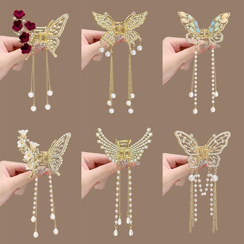 Butterfly Tassel Pearl Hair Claw Red Flower Festival Hairpin For Girls Ponytail Hair Clips Crab Women  Accessories Gifts