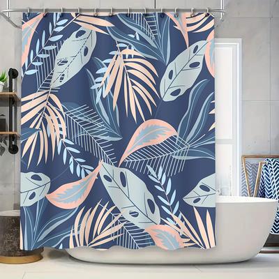 Modern Tropical Blue Pink Feather Shower Curtain for Bathroom Decor Navy Floral Pattern Waterproof Fabric Size180x245cm (70x96