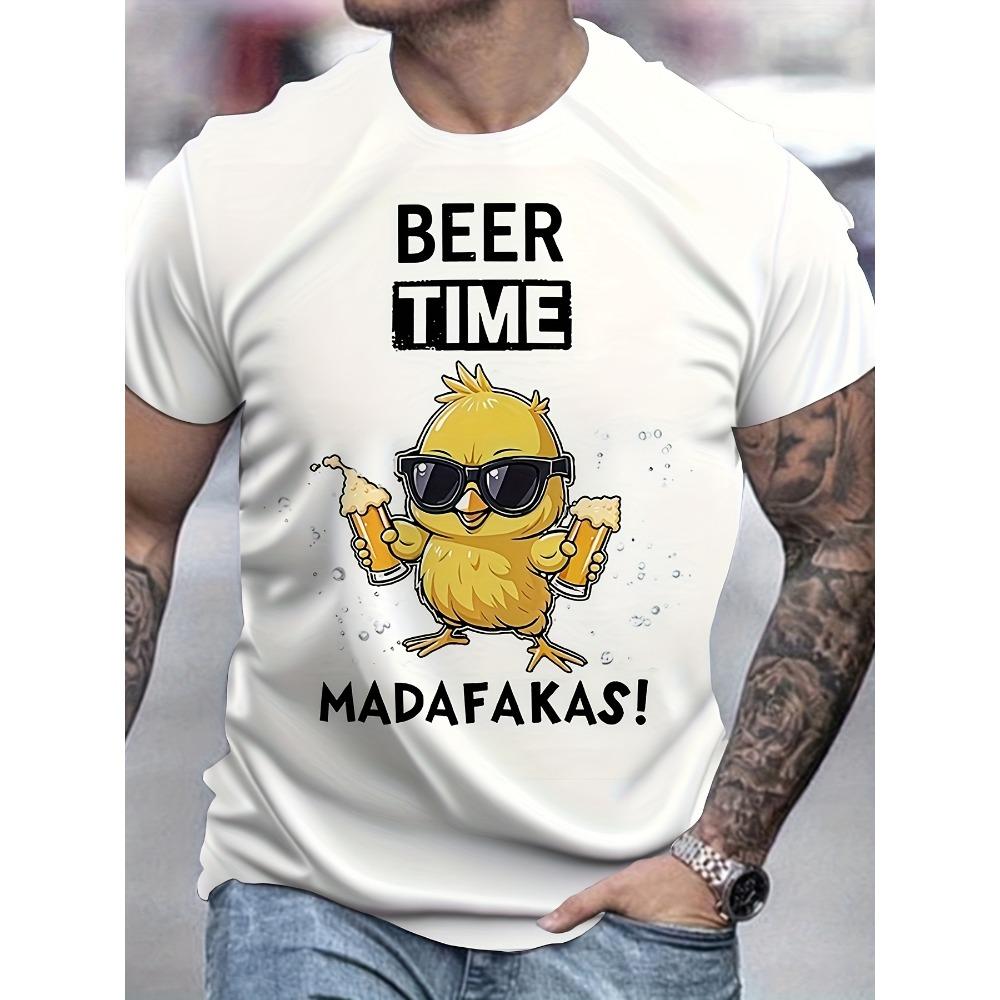 

Casual Crew Neck Short Sleeve Summer Top Men s Fun Beer Chicken Pattern T-Shirt Suitable for Party and Daily Wear Black 2XL