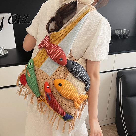 Boho Fashion Bag 3D Fish Knitted Tote, Patchwork Shoulder with Tassels, Practical Sundries Colorful Women Purse for Daily Commuting Travel Shopping