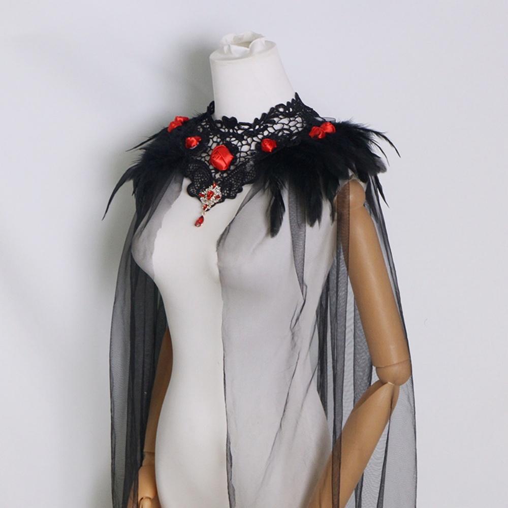 Black Feather Shoulder Veil Elegant Halloween Witch Cloak Lace Mesh Shawl Cloak Charming Red Rose Feather Cape For Everyday Wear