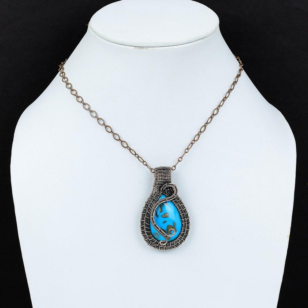 Irani Turquoise 999 Copper Wire Wrapped Pendant, Handmade Gemstone Pendant Jewelry, Gifts For Wife Brand New Pendant