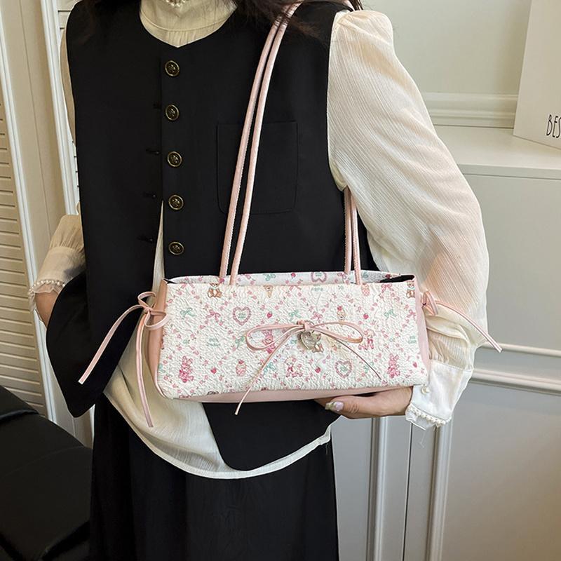 Fashion Sweet Bow Shoulder Bag Cartoon Print Underarm Bag Female Tote Bag Versatile Large Capacity Commuter Handbag KTB