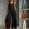 Women Button Down Jumpsuits, Sleeveless Crew Neck Casual Wide Leg Rompers, Summer Loose Overall with Pockets