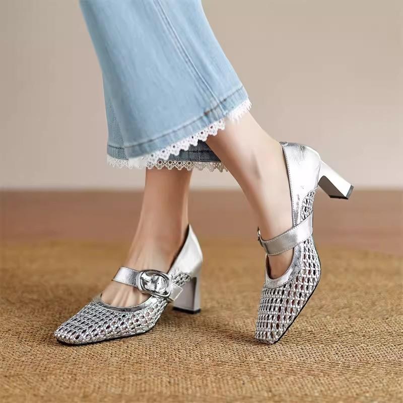 White high heels women's summer thick heels single shoes women's new breathable women's shoes French woven hollow bag head sandals