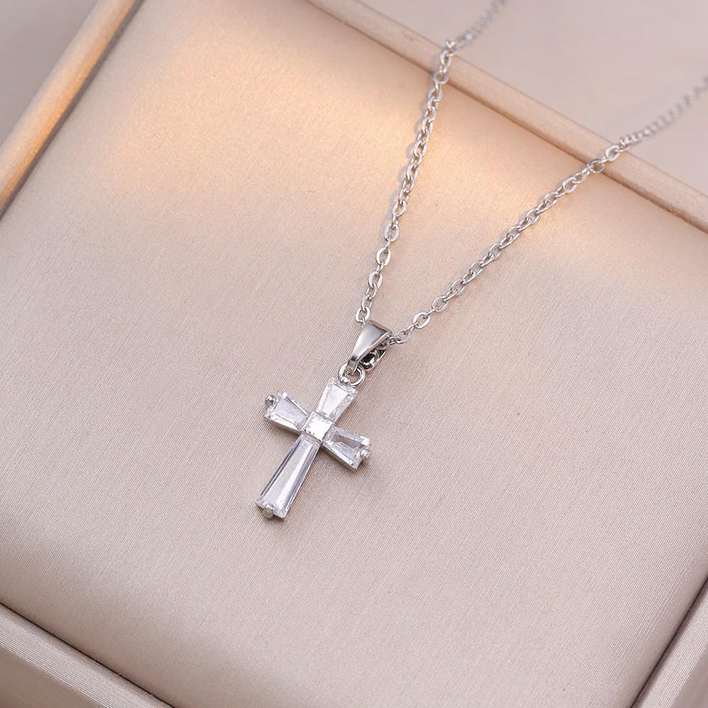 Damen Bunte Zirkon Kreuz Halskette - Nischendesign mit Voll-Diamant-Anhänger an Edelstahlkette