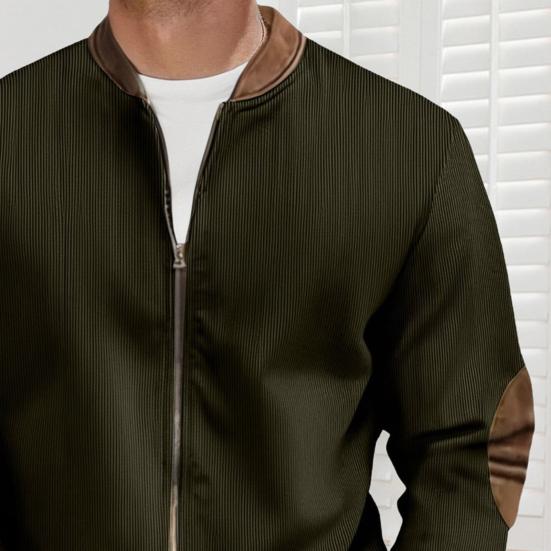 Men Casual Coat Stand Collar Long Sleeve Zipper Closure Plaid Elbow Patch Baseball Jacket Outdoor Street Wear