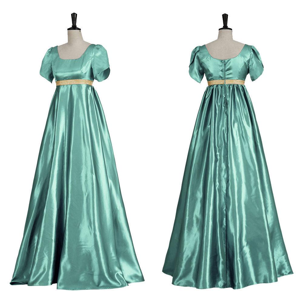 Abito Medievale di Raso Vintage Abito Vittoriano Regency Costume Cosplay Formale Vita Impero Corsetto Abito da Ballo