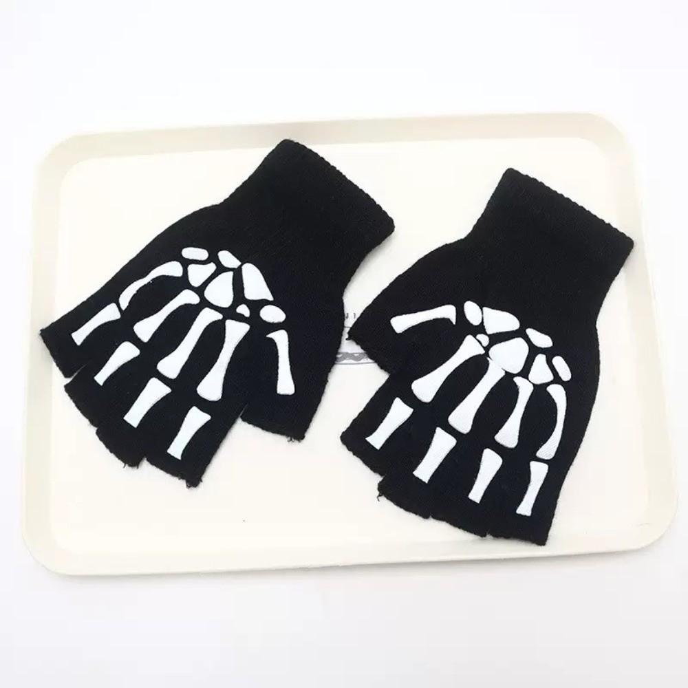 Stretch Punk Skeleton Gloves Black Skull Half Finger Gloves  Halloween Party