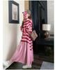 Pink Striped Patchwork Maternity Sweatshirt Dress – Mid-Length 2024 Autumn Retro Loose College Style