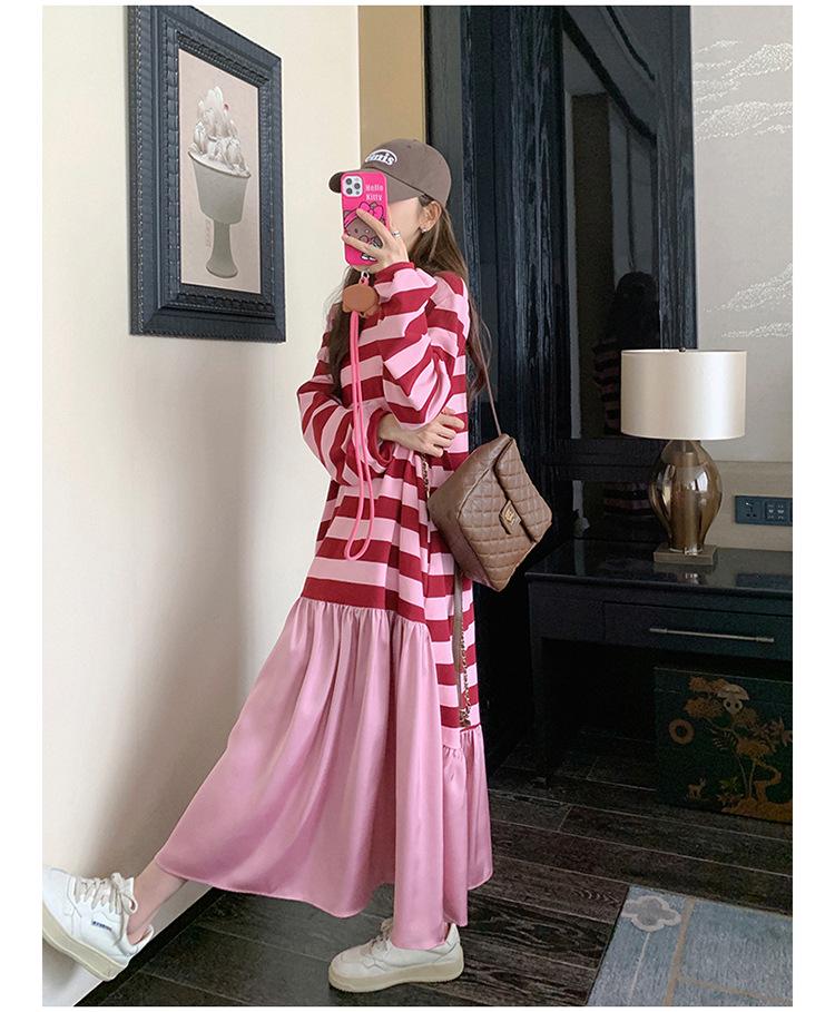 Pink Striped Patchwork Maternity Sweatshirt Dress – Mid-Length 2024 Autumn Retro Loose College Style