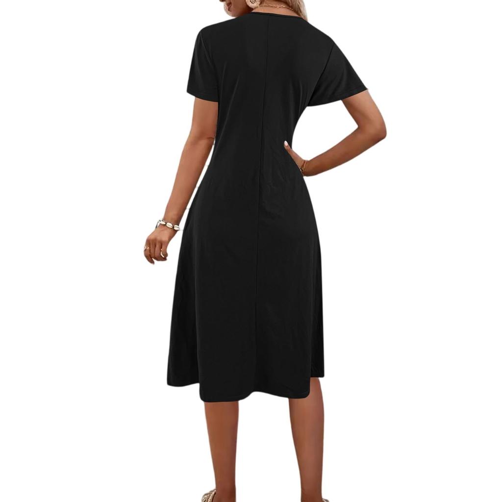 Women's Short Sleeve Dress Casual Plus Size V Neck Dress Flowy Beach Sundress With Pockets