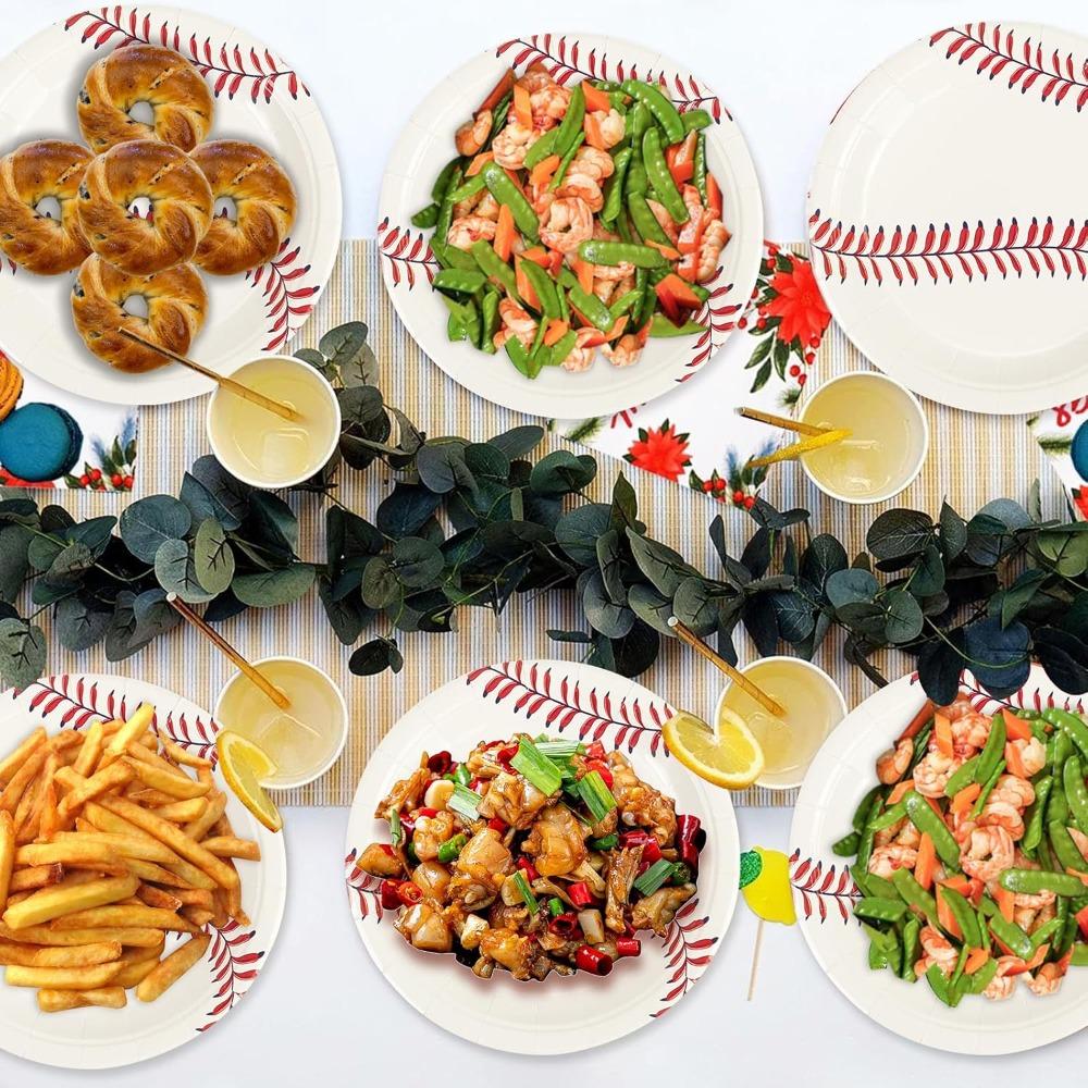 50pcs Baseball Party Paper Plates - 7Inch Round Baseball Dessert Plates for Cake Salad Fruit Pizza Disposable Themed Decoration