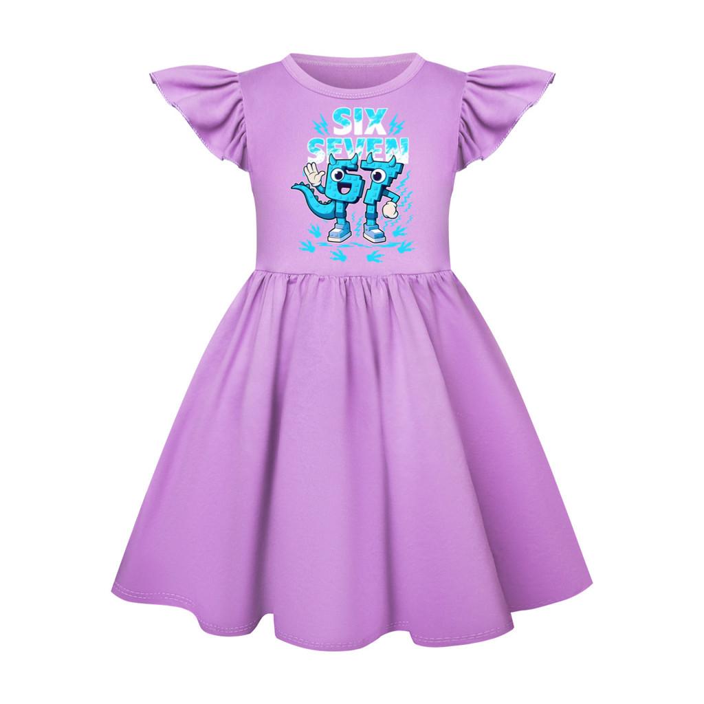 5192 Kids Girls Steal a Brainrot 67 Six Seven Printed Ruffle Short Sleeves Casual Dress