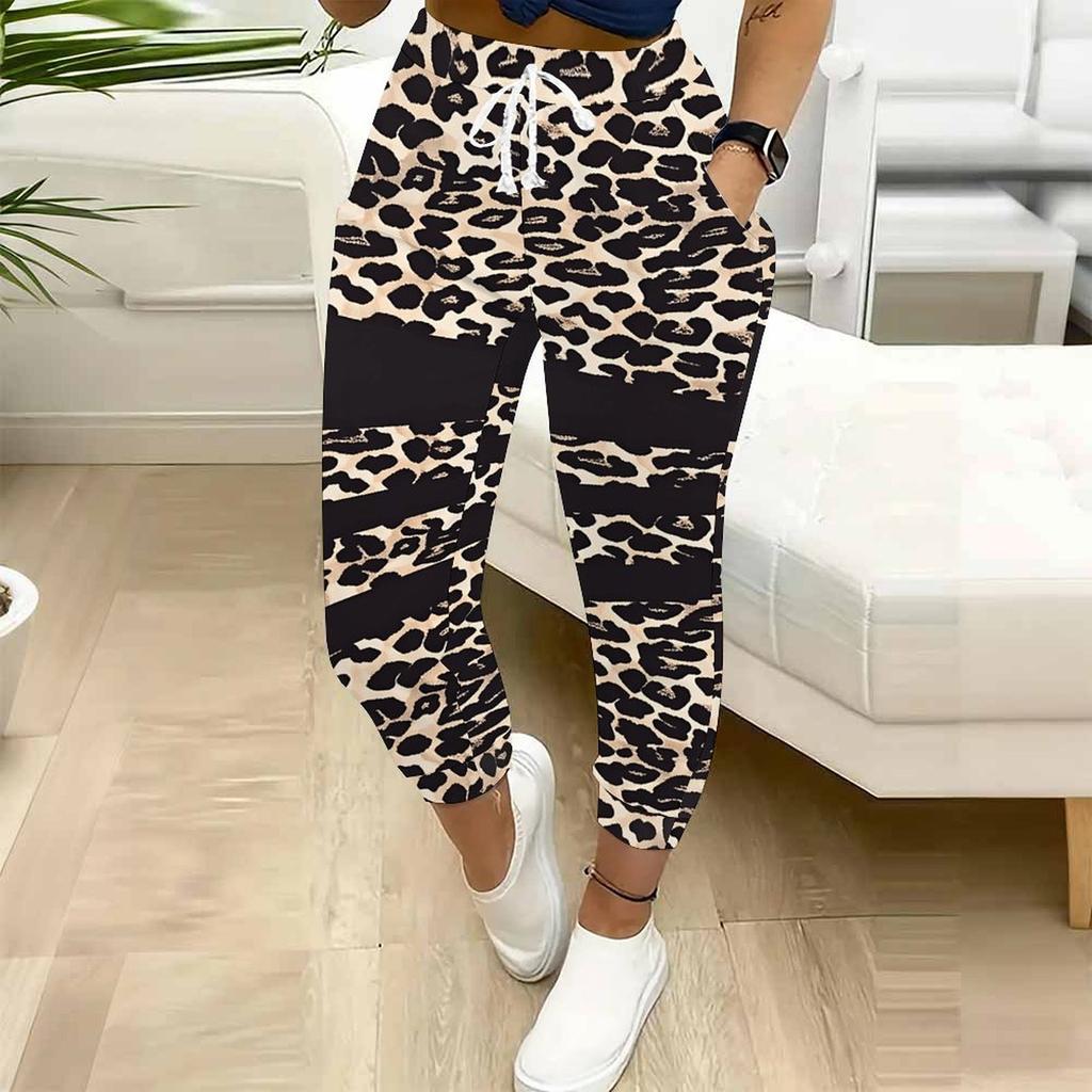 Summer Ladies Leopard Print Printed Sweatpants Loose Fit Drawstring Joggers Elastic Cuff Daily Casual Pants