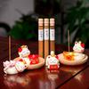 1Pc Cute Lucky Cat Zen Incense Burner Incense Insert Ornament Household Bamboo and Wood Tray Line Incense Plate Incense Holder Desktop Ornament