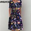 IHUASU 30 Color Pleated Midi Dress Short Sleeve Round Neck Loose Hem Mid-Calf Length Women Floral A-Line Party Dress Casual Wear