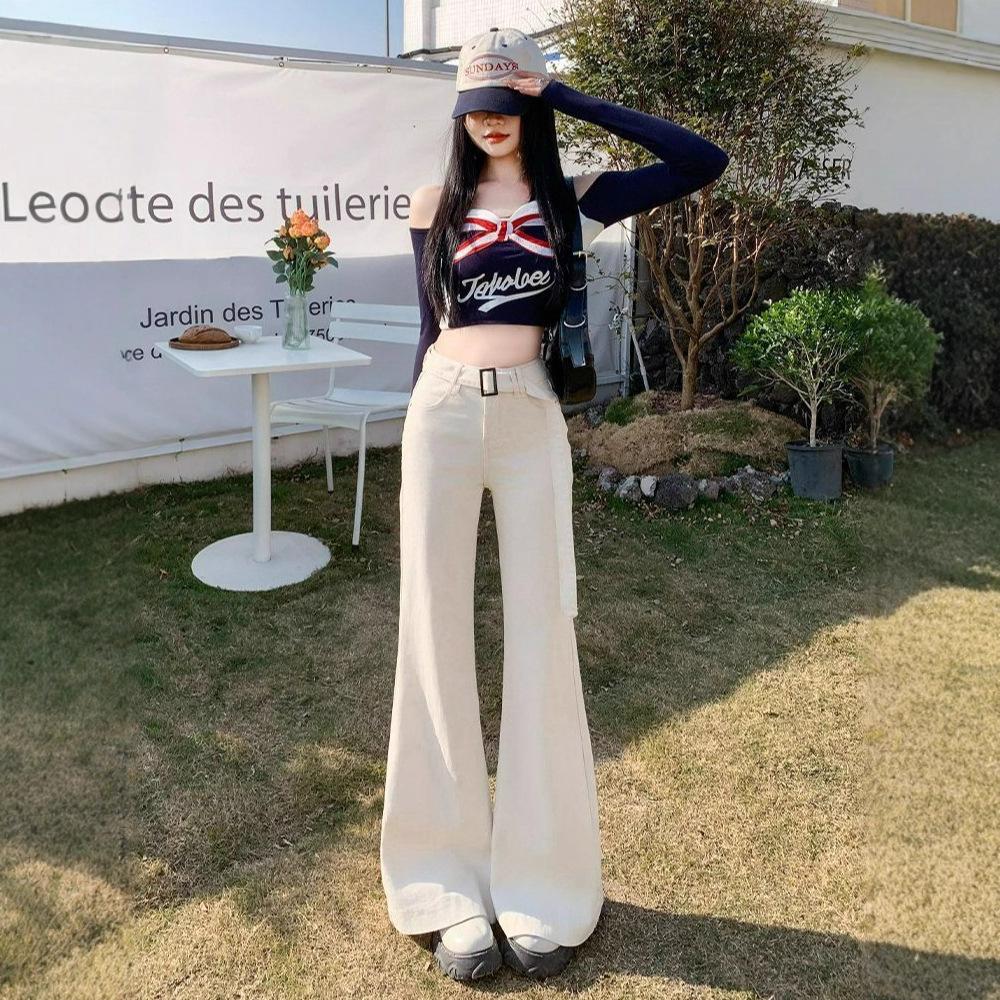 Big Yards Women's High Waist Micro Denim Trousers Beige Apricot Loose Not Stick Leg Wide Leg Flare Trousers Jeans for Women Long Denim Pants