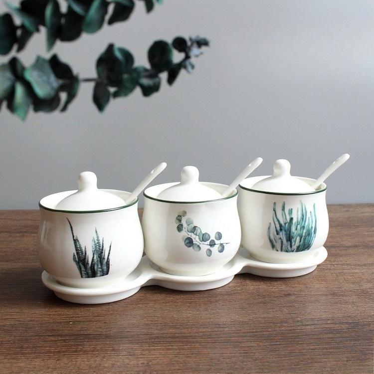 Ceramic Spice Jars Set Nordic Plant Design 4 Pcs Kitchen Storage Containers for Home Use