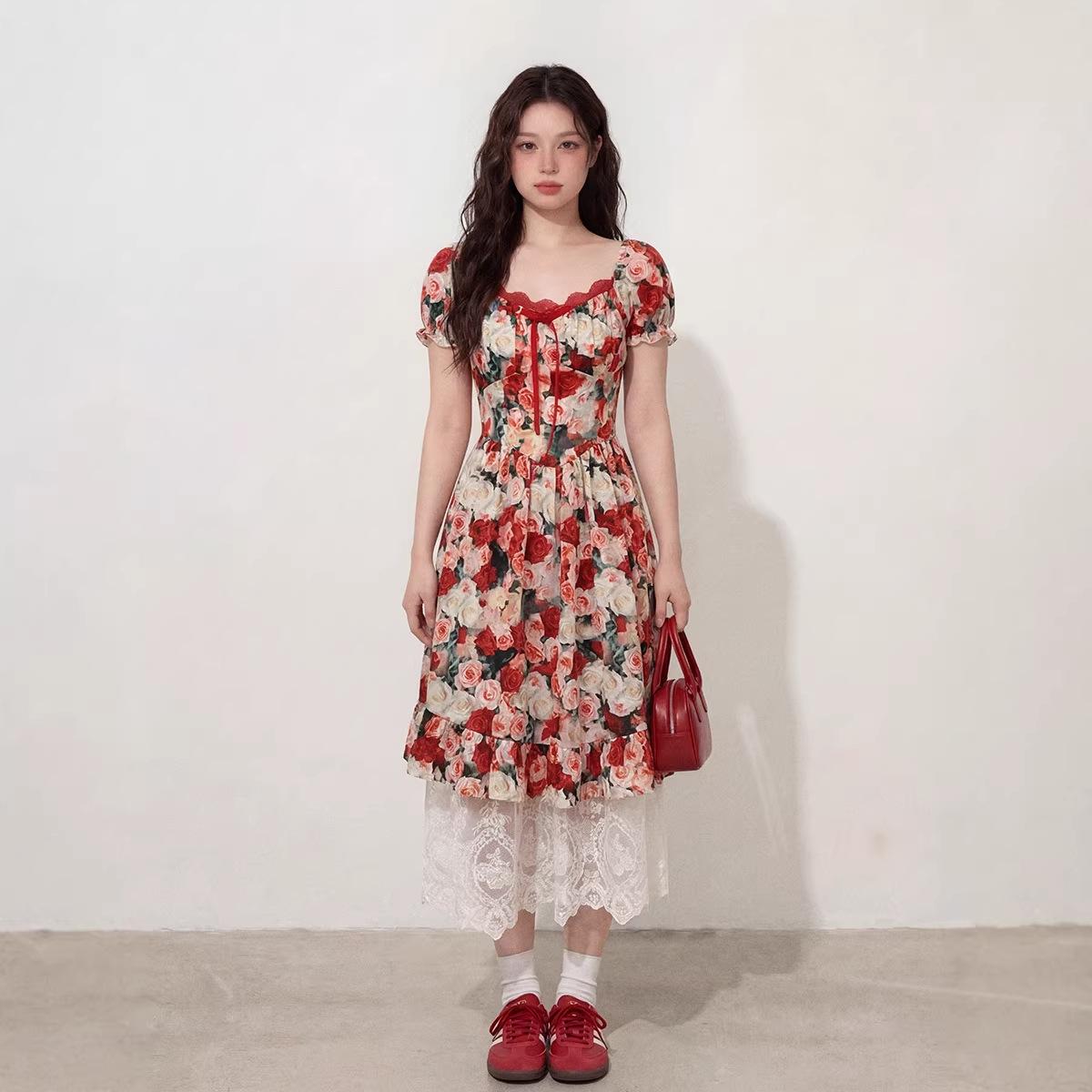 Elegant French Retro Floral Lace Patchwork Summer Dress - Waist-Cinched Slimming Long Style for Women 4XL