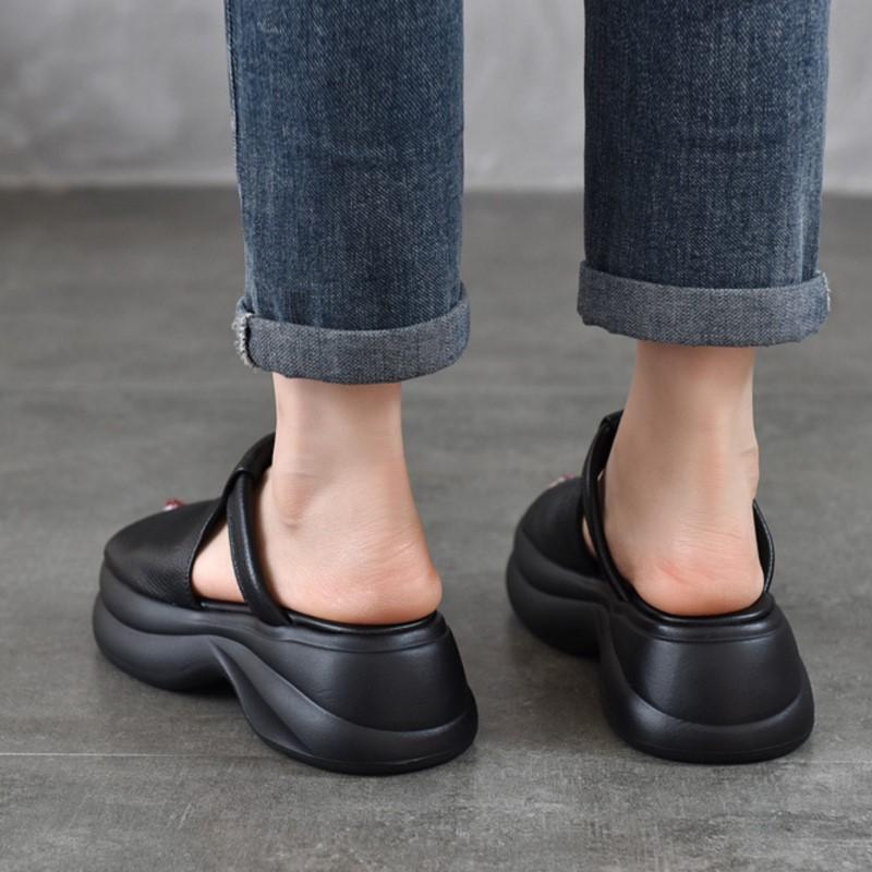 Johnature Lightweight And Thick Soled Genuine Leather Slippers Peep Toe Women's Platform Sandals