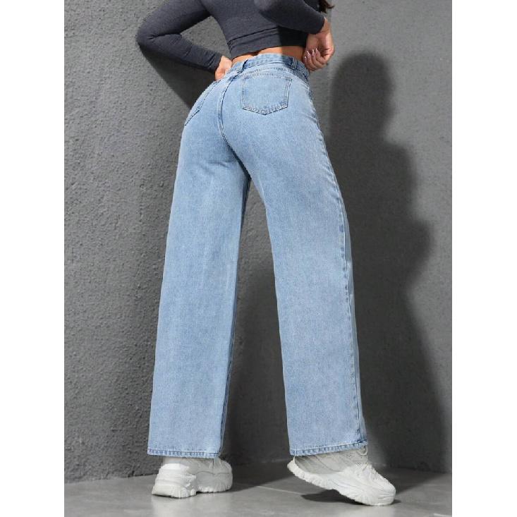Jeans Women Vintage Wide Leg Pants Denims High Waist Washed Distressed Basics Straight Trousers Streetwear Floor Length
