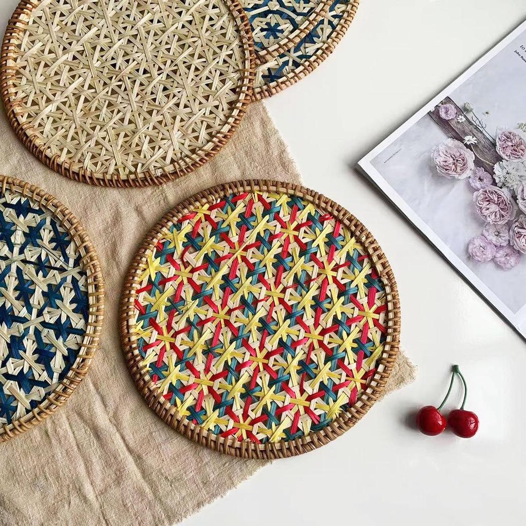 Ethnic Bamboo Weaving Handmade Coaster Set - Heat Resistant Round Placemats for Kitchen & Restaurant