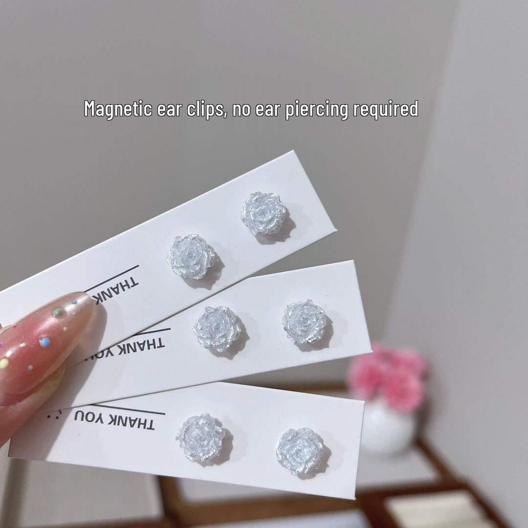 Silver Glitter Rose Magnetic No-Pierce Clip-On Earrings for Women Magnetic Ear Clip (No Piercing)