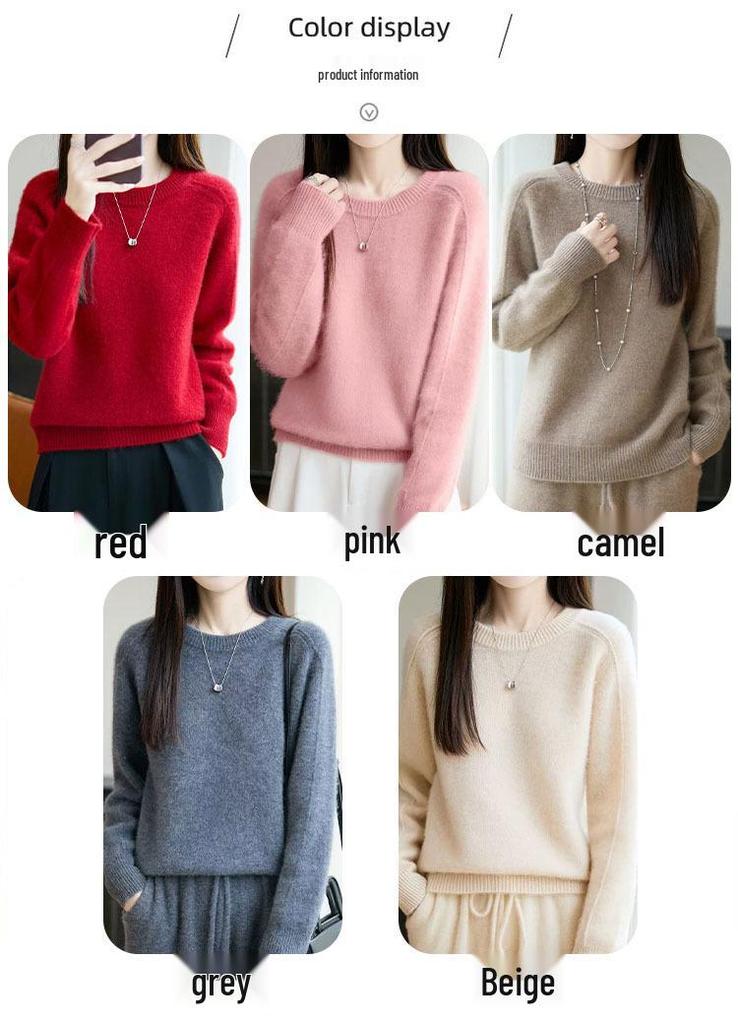 Women's Autumn Winter Thickened Wool Sweater - Round Neck, Simple, Loose Fit, Flaw-Covering, Slimming, Cross-Border Style.