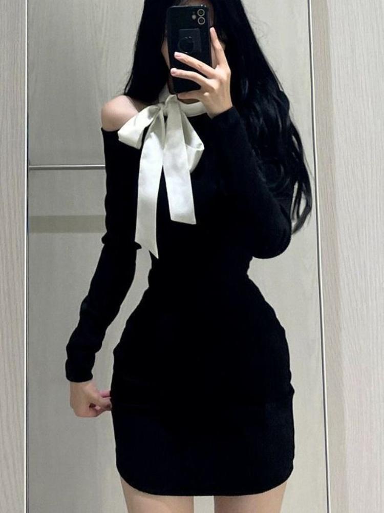 Black Off Shoulder Elegant Slim One Piece Dress Women Autumn Winter New Gyaru Sexy Party Dresses Korean Fashion Bow Y2k Short Dress